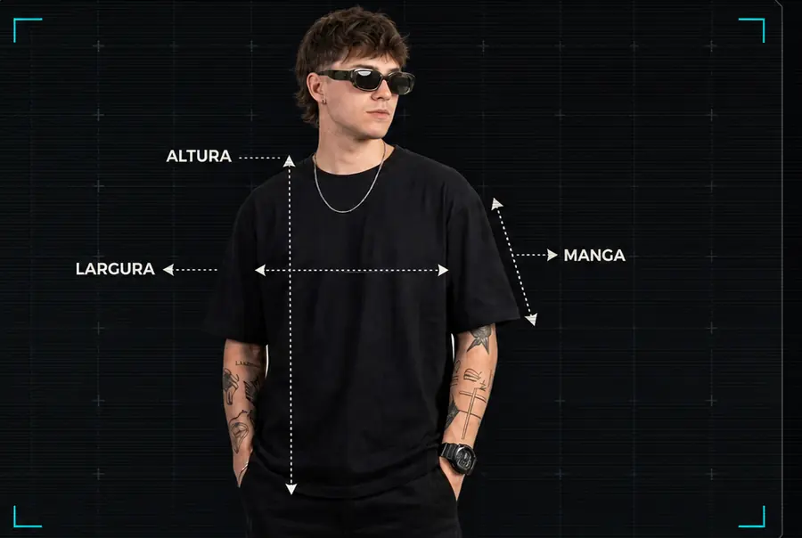 Onde medir a camiseta: largura de axila a axila, altura do ombro à barra e manga do ombro ao punho.
